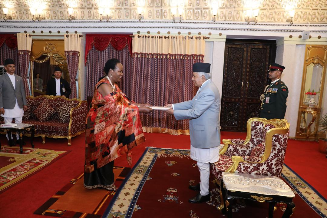 Her Excellency Prof.Joyce Kakuramatsi Kikafunda presenting her Letters of Credence to the Rt.Hon.Ram Chandra Poudel, President of Nepal.