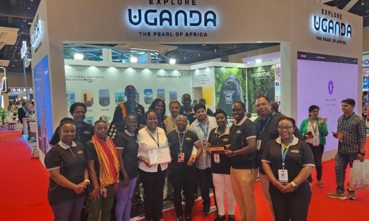 H.E Prof Joyce Kakumatsi Kikafunda, receives an award of excellence given to Uganda as the Most Promising New Destination at the OTM Show 30th-1st Febuary 2025 at Jio World Convention Centre, Mumbai India.