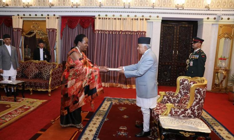 Her Excellency Prof.Joyce Kakuramatsi Kikafunda presenting her Letters of Credence to the Rt.Hon.Ram Chandra Poudel, President of Nepal.