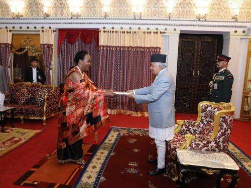 Her Excellency Prof.Joyce Kakuramatsi Kikafunda presenting her Letters of Credence to the Rt.Hon.Ram Chandra Poudel, President of Nepal.