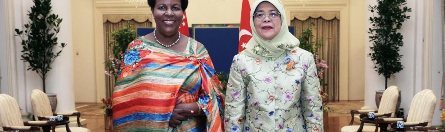 H.E Prof. Joyce Kakuramatsi Kikafunda with H.E Halimah Yacob, President of Singapore, July 2023